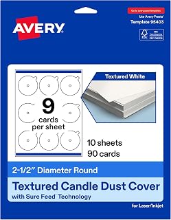 Avery Printable Round Candle Dust Covers, 2.5" Diameter, Matte Textured White, Sure Feed Technology, Print-To-The-Edge Capability, Laser/Inkjet Compatible, 90 Total, Ideal for Packaging & Displays