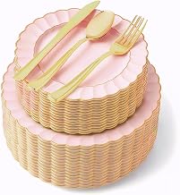 125 Piece Pink & Gold Scalloped Plastic Dinnerware Set with Cutlery, Gold Rim, Party Use