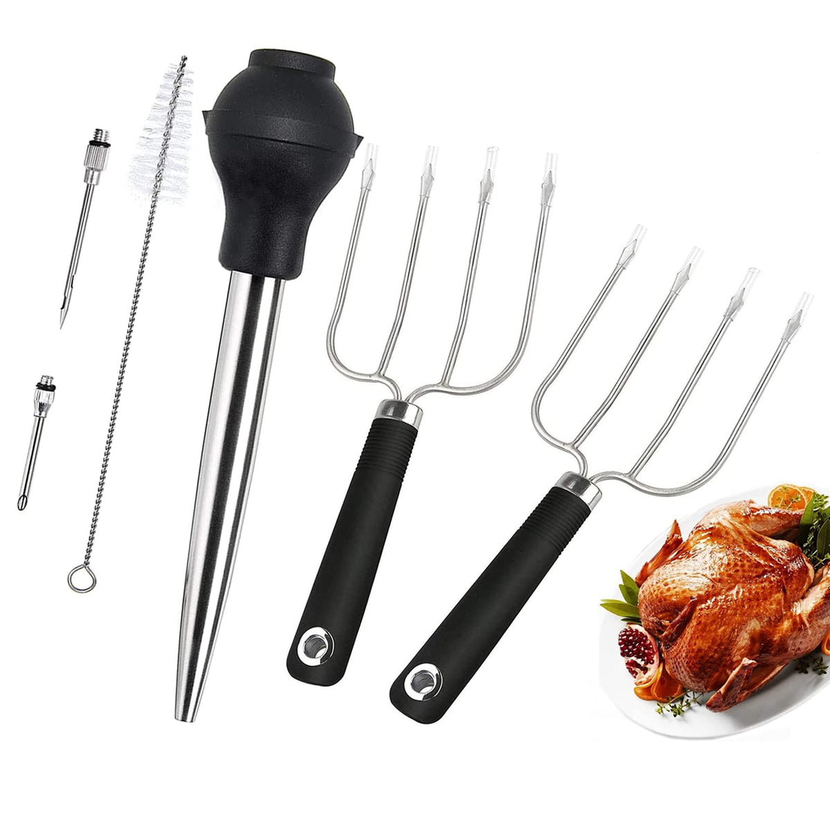 KAYCROWN Turkey Baster Set with Injectors and Poultry Forks, Silicone & Stainless Steel