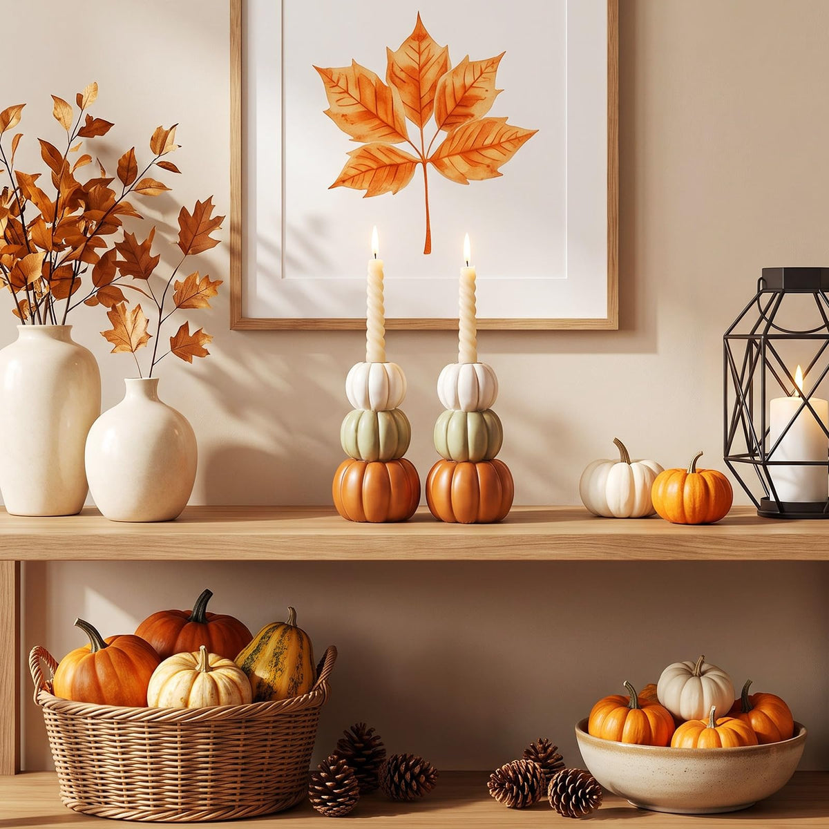 FoldTier Pumpkin Candle Holders, 5.9 Inch Resin Set of 2, Orange White Green
