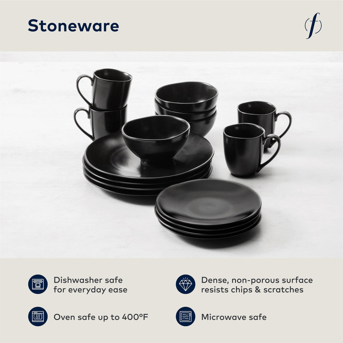 Heirloom Stoneware by Fortessa – 16 Piece Dinnerware Set (Service for 4), Stoneware, Charcoal, Pack of 16, Model 16PPS.8000.6
