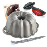 Platinum Bundt Cake Pan - Cleaning Tool & Pot Holder Set by Nordic Ware – Large, 15.0 cups, Aluminum, Silver, Model NW50037K1