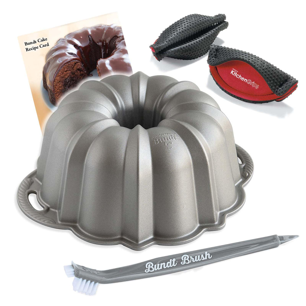 Platinum Bundt Cake Pan - Cleaning Tool & Pot Holder Set by Nordic Ware – Large, 15.0 cups, Aluminum, Silver, Model NW50037K1