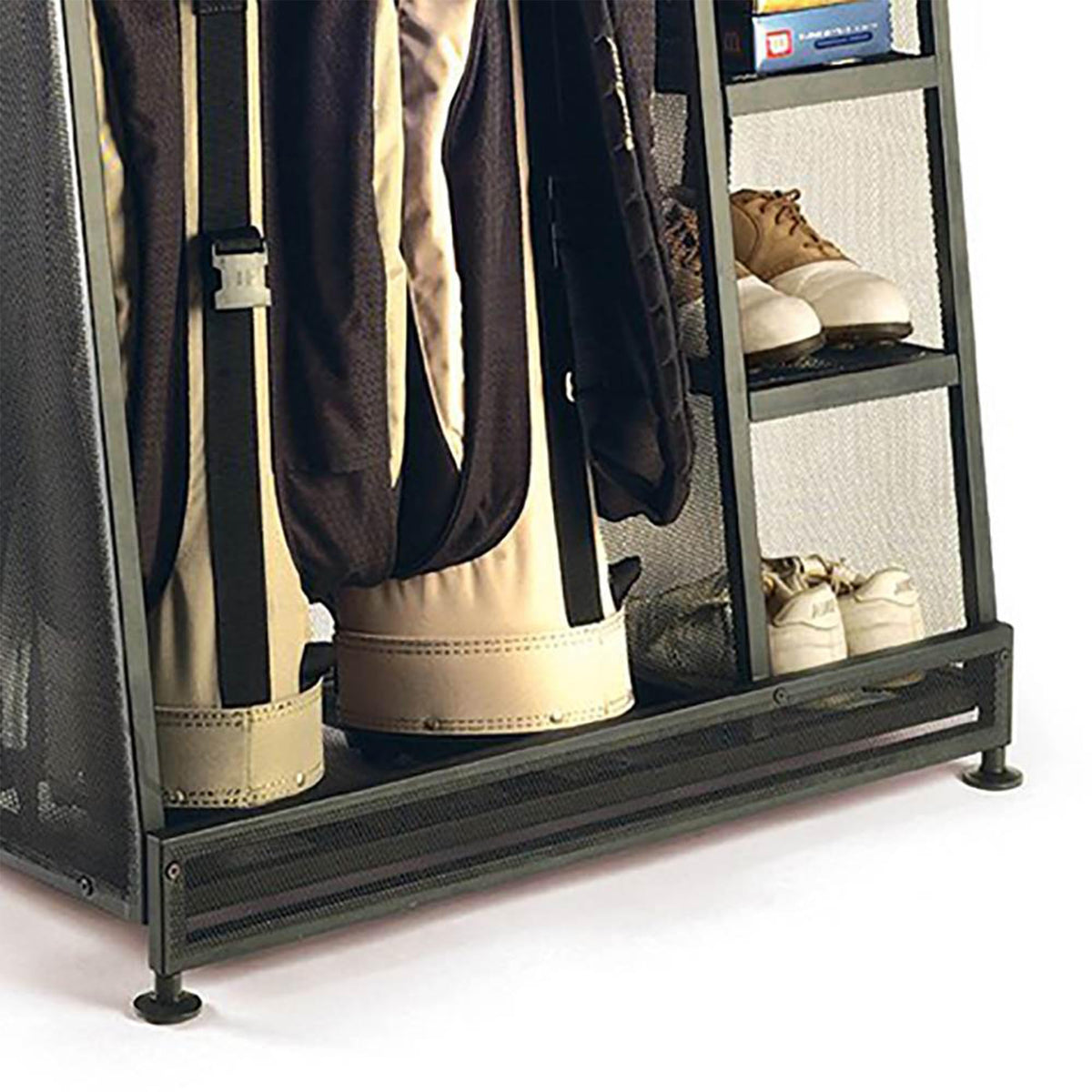Golf Bag & Golfing Equipment Heavy-Duty Metal Organizer Rack w/ 3 Storage Shelves by Suncast – 1 Pack, Metal, Black, Model GO3216