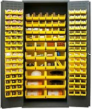 Durham 3500-138B-95 Lockable Bin Cabinet with 138 Yellow Hook-On Bins, Flush Door Style, 36" Wide, 14 Gauge, Gray