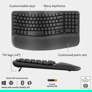 Wave Keys & Lift Vertical Mouse - Ergonomic Wireless Keyboard and Mouse Combo - with Cushioned Palm Rest by Logitech – One Size, Graphite, Model 920-013610