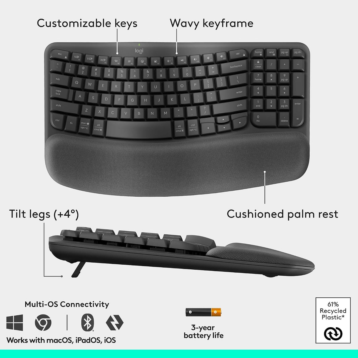 Wave Keys & Lift Vertical Mouse - Ergonomic Wireless Keyboard and Mouse Combo - with Cushioned Palm Rest by Logitech – One Size, Graphite, Model 920-013610