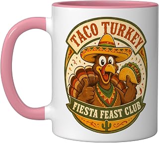 Taco Turkey Fiesta Feast Club Sombrero Thanksgiving Fun Ceramic Mug, Pink/White, 11oz