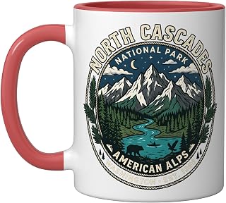 North Cascades National Park American Alps Vintage Badge Art Ceramic Mug, Red/White, 11oz