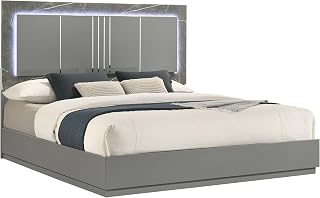 Elara Queen Bed ¨C Two-Tone High-Gloss Marble & Lacquer Finish with LED Lighting, Metal-Finished Legs- Gray (CA Inventory)