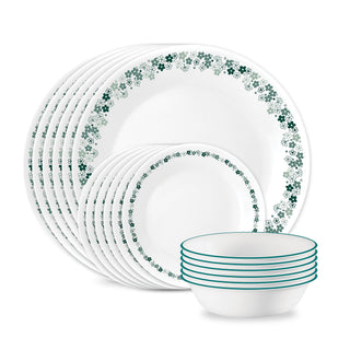 Spring Blossom Teal 18-Piece Round Dinnerware Set by Corelle – 18-Piece Set, Glass, Spring Blossom Teal, Pack of 18, Model 1153646