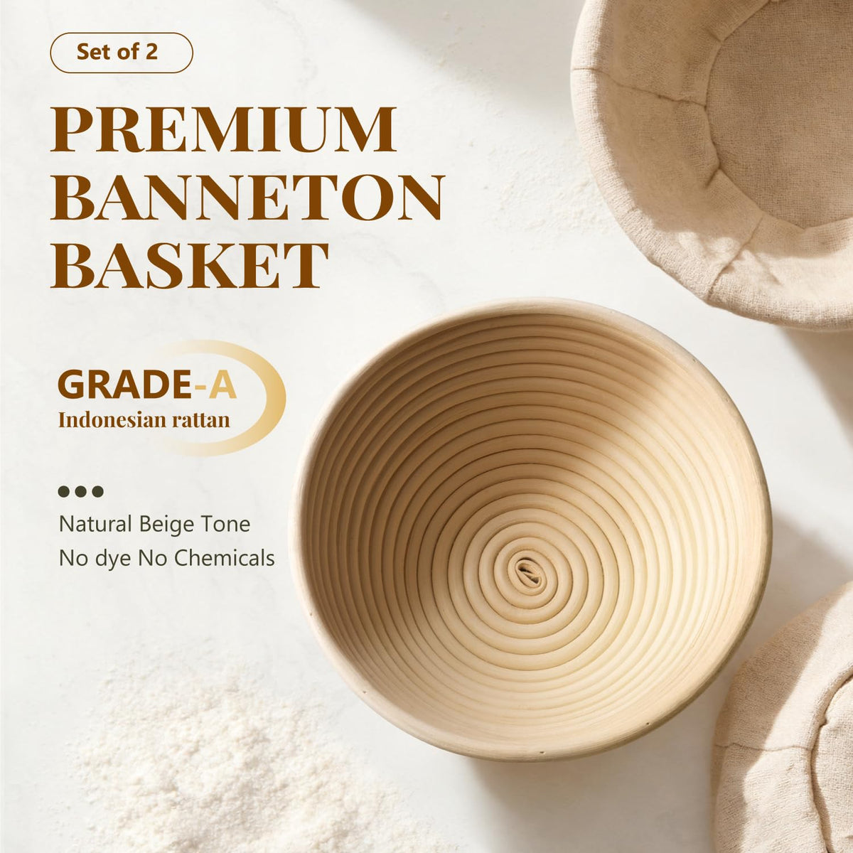 Bavify Bread Proofing Baskets, 9 Inch Round Rattan, Set of 2 Natural