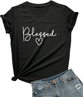 Womens V-Neck Cute Blessed T-Shirt Funny Heart Graphic T Shirt Short Sleeve Tops