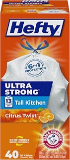 Hefty Ultra Strong Trash Bags 13 Gallon | Tall Kitchen | Drawstring Closure | Odor Control | Citrus Scent | 40 Bags, Pack of 6