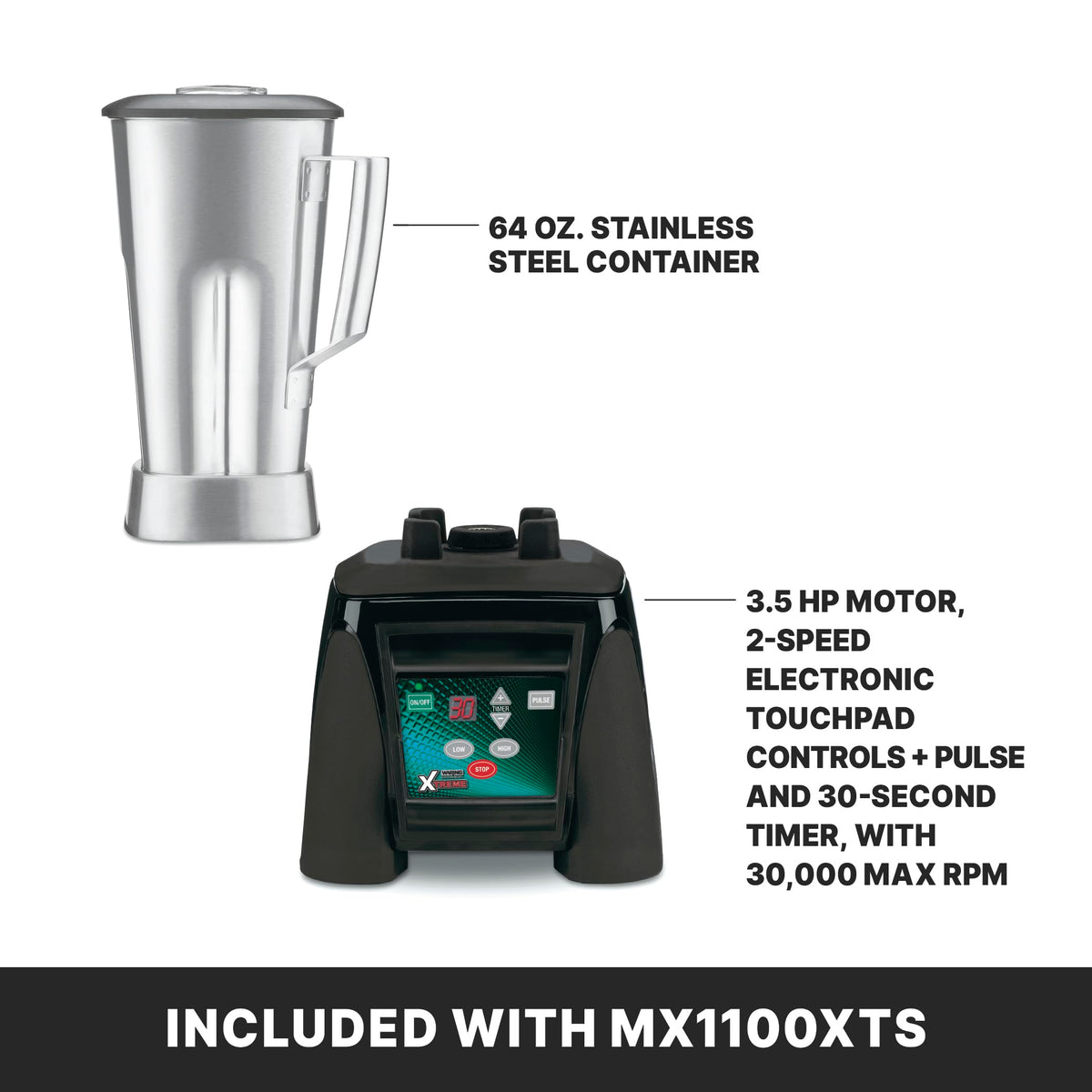 Blender with Electronic Keypad by Waring – 64 Ounce Stainless Steel Jar, 64.0 fluid_ounces, Plastic, Stainless Steel Container, Model MX1100XTS