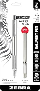 Zebra Pen F-701 Ballpoint Black Ink Retractable Metal Pen Fine Point 0.8mm, Heavy Duty, Durable Stainless Steel Barrel, Knurled Grip, Ideal for Tactical Use, One Pen with 2 Ink Refills