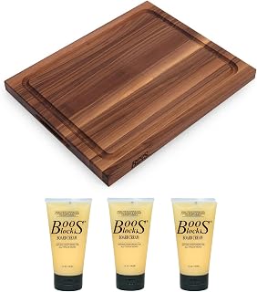 John Boos BBQ Series Rectangular Wooden Walnut Cutting Board, 3-Pack | 17”x21”, 1.5” Thick Reversible Butcher Block with Juice Groove, Edge-Grain & Finger Grips, Bundled with 5-Ounce Board Cream