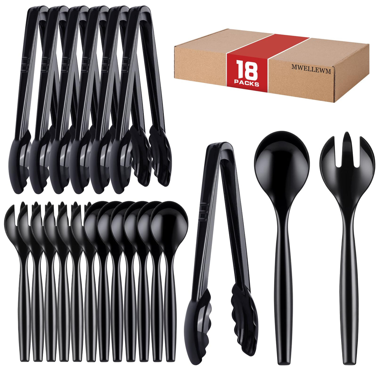 Mwellewm Plastic Serving Utensils Set, 18 Pieces, Black