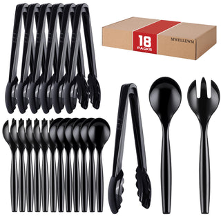 Mwellewm Plastic Serving Utensils Set, 18 Pieces, Black