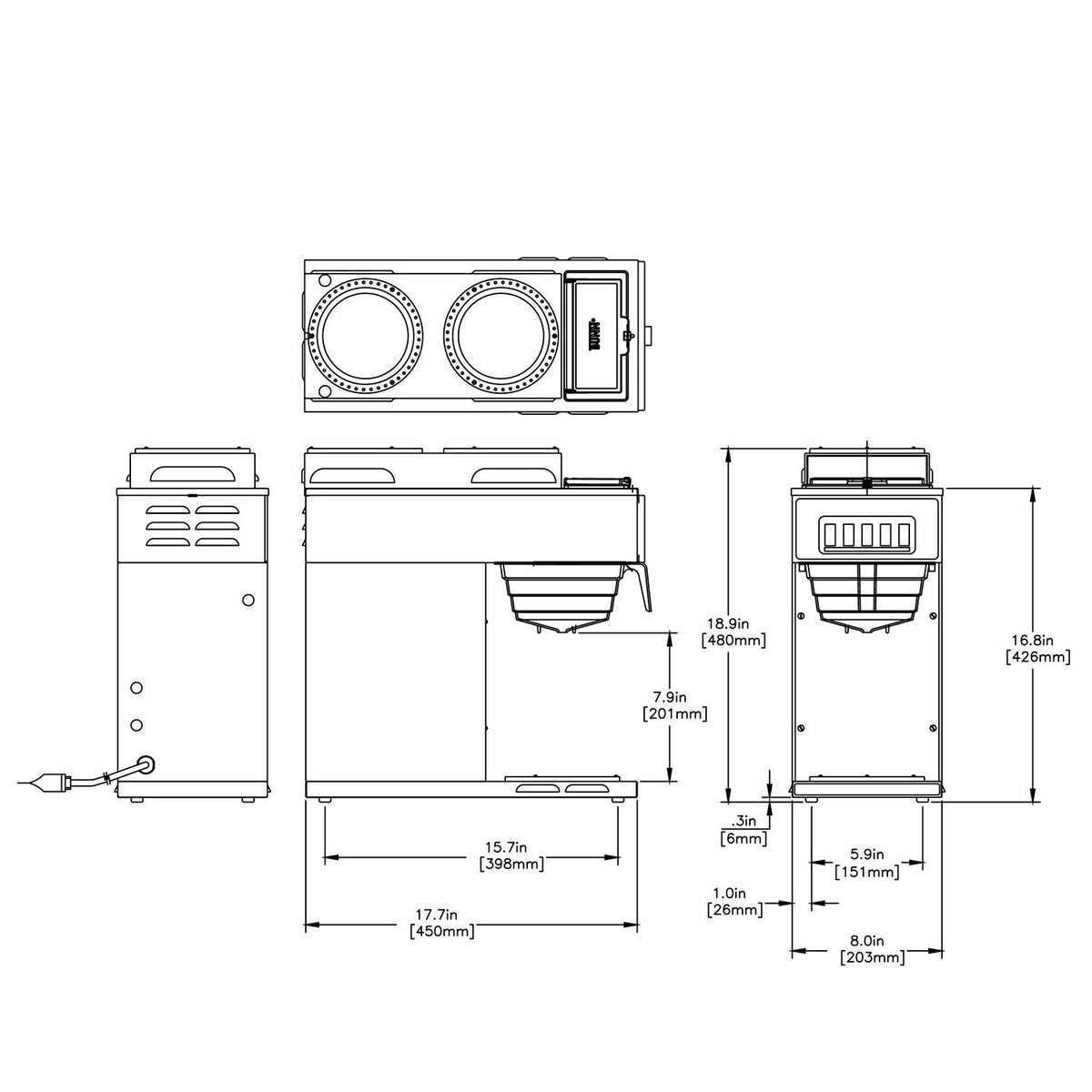 VP17-3SS2U Pourover Commercial Coffee Brewer with One Lower and Two Upper Warmers by Bunn – 12.00x22.00x25.50, 3.8 gallons, Stainless Steel, Silver, Model 13300.0004