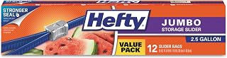 Hefty R83812CT Slider Bags 2.5gal 0.9 mil Clear 12/Box 9 Boxes/Carton