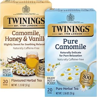 Twinings Camomile Herbal Tea Bag Variety 2-Pack – Pure + Honey & Vanilla Naturally Caffeine-Free Teas, 20 Count Each
