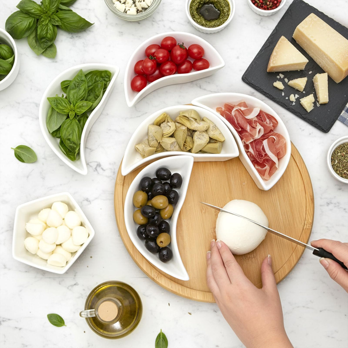 Cididu Ceramic Lazy Susan Serving Tray, Rotating Divided Set with 6 Removable Bowls, 11 Inch