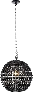 Canarm Ashbay 1-Light Pendant Light, Black Finish with Real Wood Beads, Modern Boho Lighting for Kitchen, Living Room and Bedroom