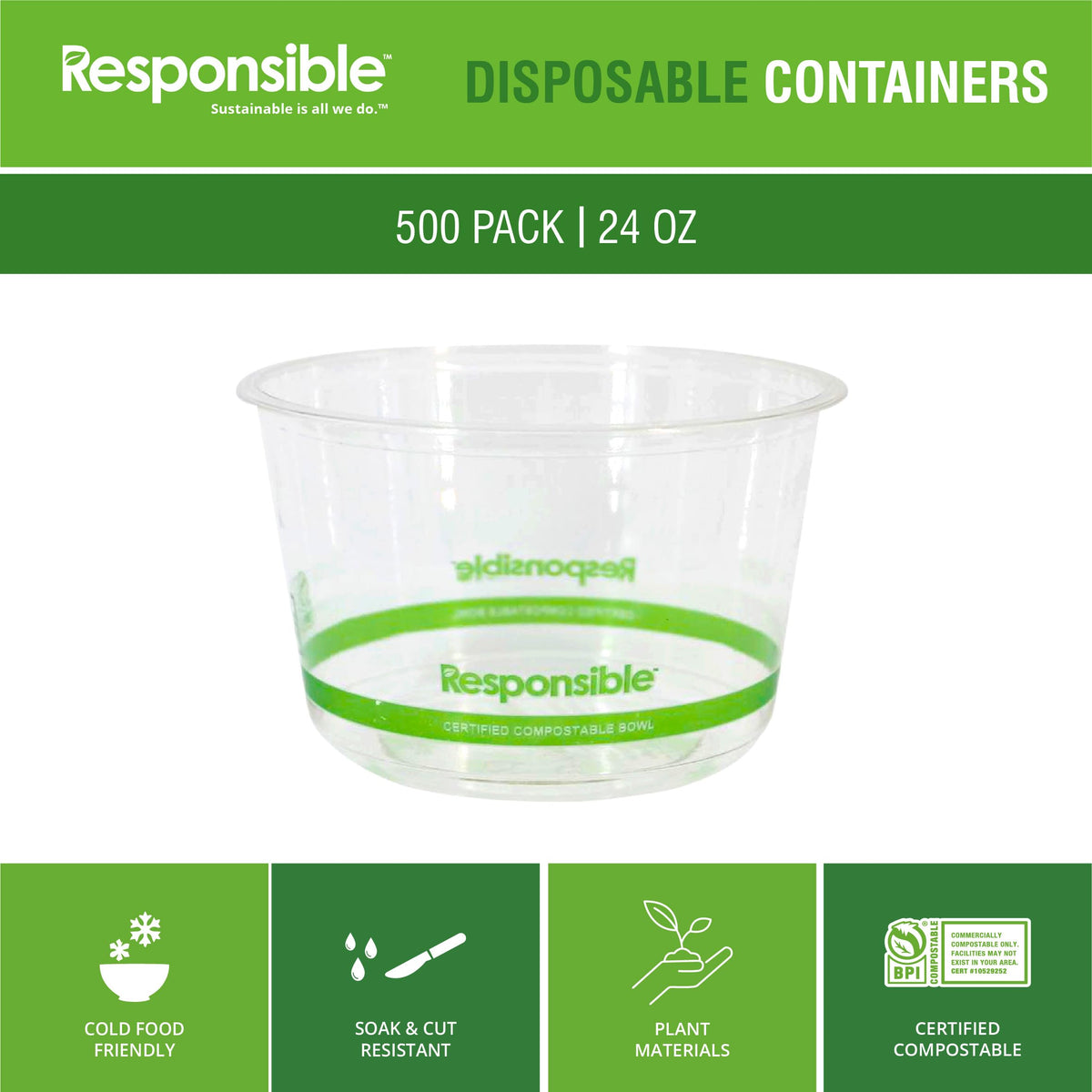 24 oz Clear Round Deli Container by Responsible Products – 24 oz, 24.0 fluid_ounces, Clear, Pack of 500, Model RP-PLARDC24-117-500