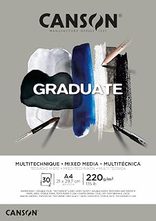 Canson Graduate Mixed Media 200gsm A4 Paper, Double Sided: Grained And Smooth, Pad Glued Short Side, 30 Grey Sheets, Ideal for Student Artists