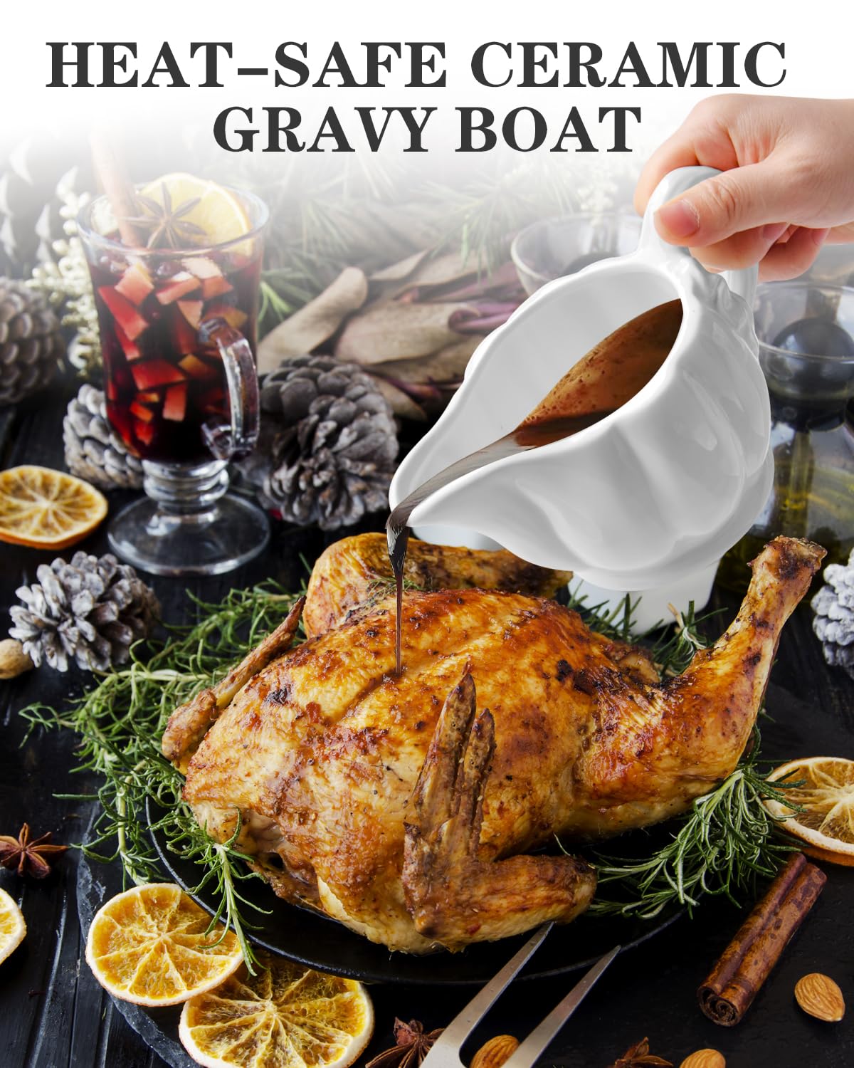 Demine Ceramic Gravy Boat, 18 Ounce Capacity with Candle Warmer, White