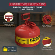 Type I Gasoline Safety Can by Justrite – 2.5 Gallon, 2.5 gallons, Alloy Steel, Red, Model 7125100