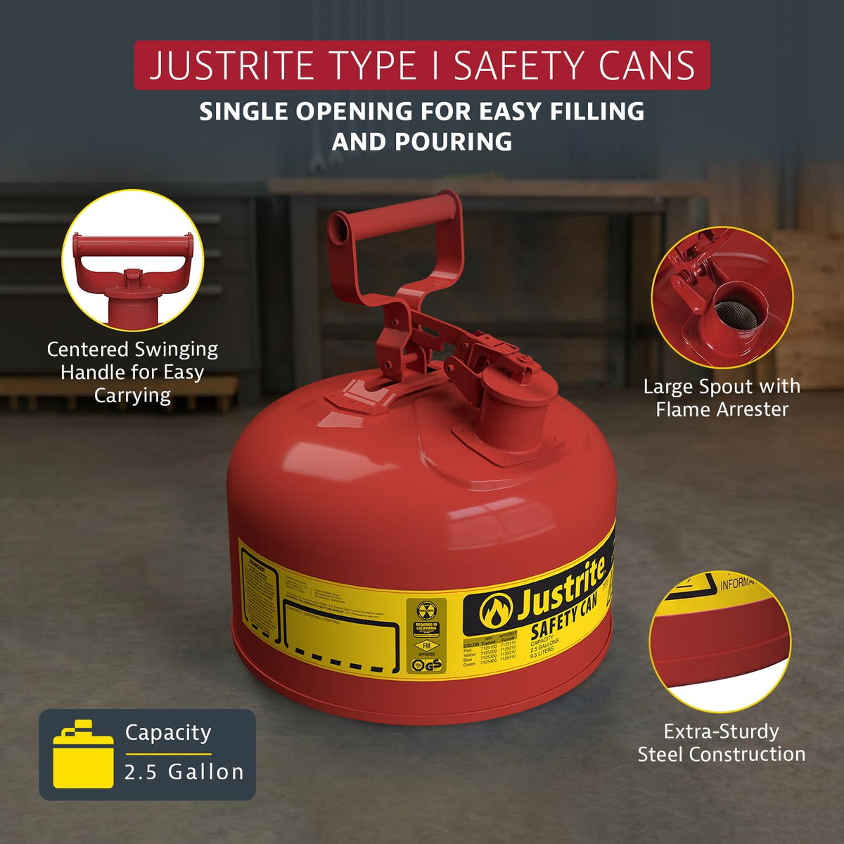 Justrite Red / 2.5 Gallon / Type I Gas Cans
