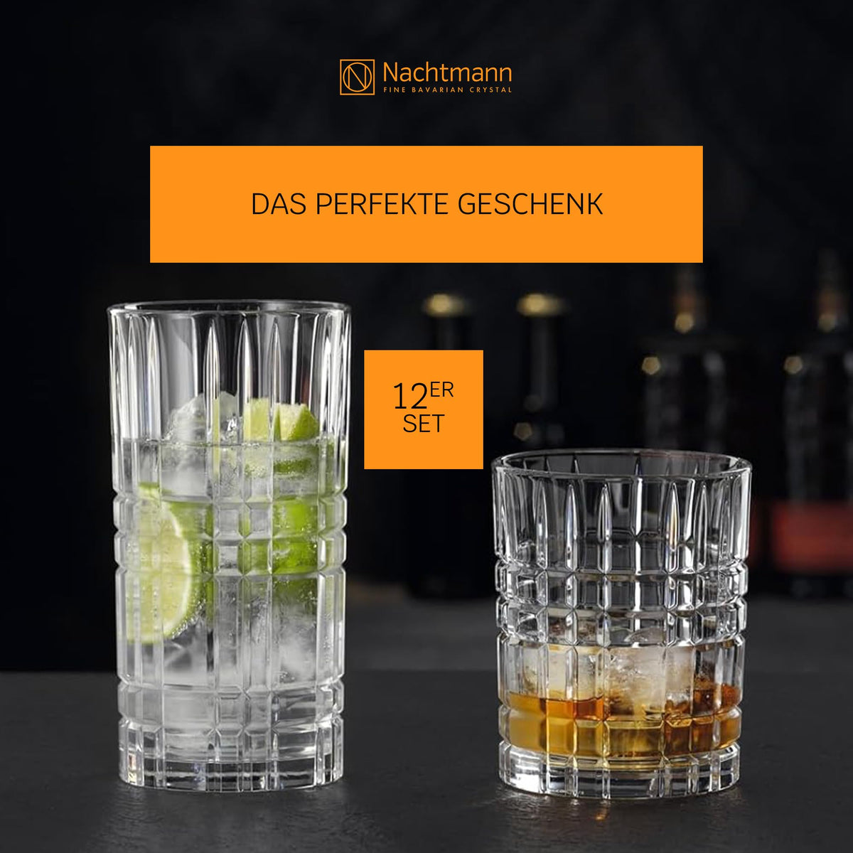 Highland 12 Piece Drinkware Set by Nachtmann – 15 fluid_ounces, Glass, Clear, Pack of 6, Model 101754