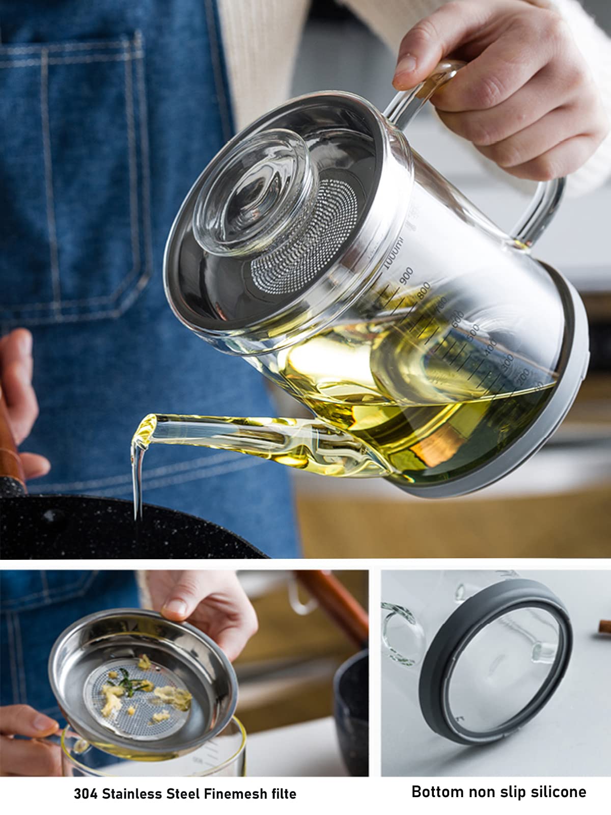 Home Servz Fat Separator, 1000ml Borosilicate Glass with Stainless Steel Strainer, Transparent