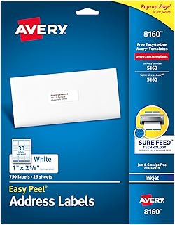 Avery Easy Peel Address Labels, Inkjet Printers, White, 1" x 2-5/8", Box of 750 Labels (08160)