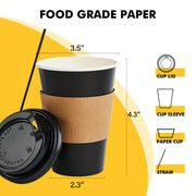 Racetop Paper Coffee Cups, 12 oz with Lids and Sleeves, Black, 100 Count