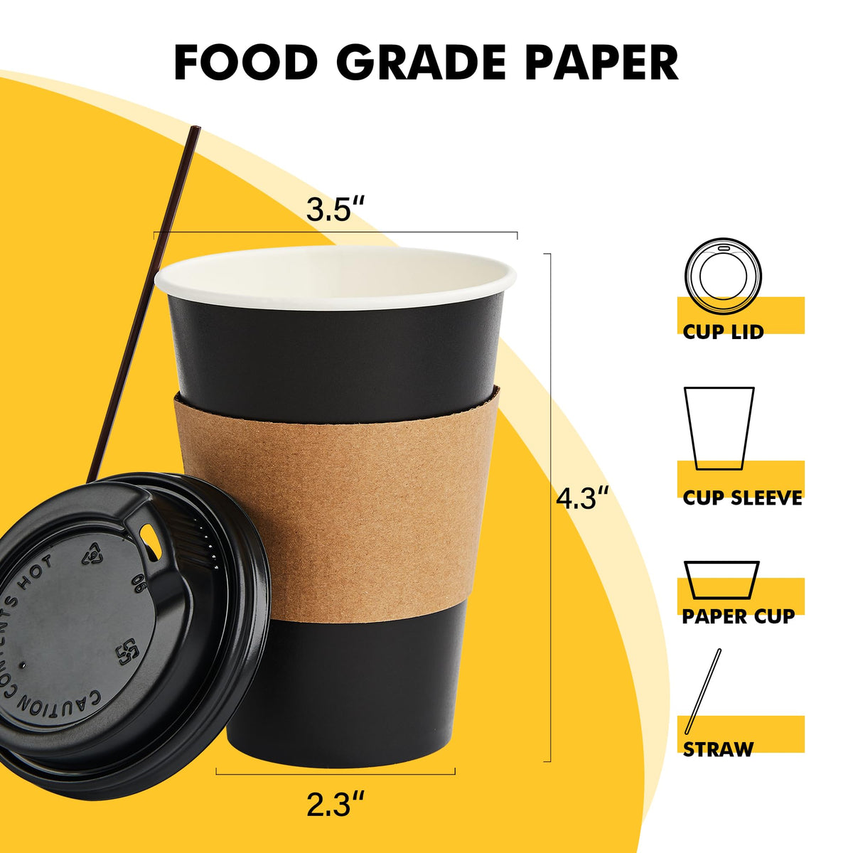 Racetop Paper Coffee Cups, 12 oz with Lids and Sleeves, Black, 100 Count