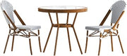 Flash Furniture 31.5" Glass Top Table and 2 Stack Chairs, White/Navy | Commercial Grade, Indoor/Outdoor Use, PE Rattan, Natural Frame, 2 Stack Chairs