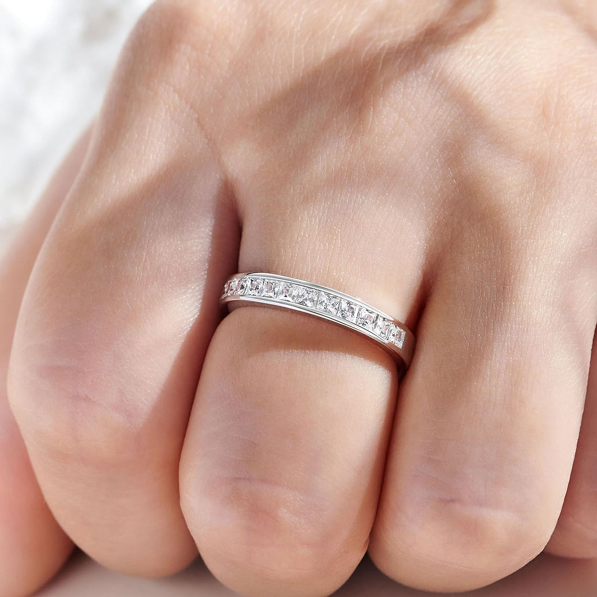 Princess Wedding Bands for Women Channel Half Eternity by Newshe Jewellery – 9, Gemstone, Princess Cut Cubic Zirconia, Model BR0757_BAND_9-JP