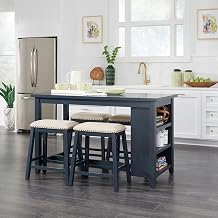 Liberty Furniture Brook Creek 5 Piece Counter Height Bookcase Table - Kitchen Dining Set Transitional 4 Upholstered Saddle Stools - Navy Finish Wood