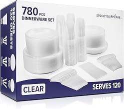 780 Piece Clear Plastic Dinnerware Set, Service for 120 Guests, Heavy Duty Every Day Use Plastic Plates, Cups, and Utensils, Disposable Dinnerware Set for Weddings, Graduations, and Birthday Parties