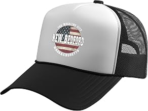New Bedford Massachusetts, Vintage American Flag Trucker Hat with Adjustable Mesh Back