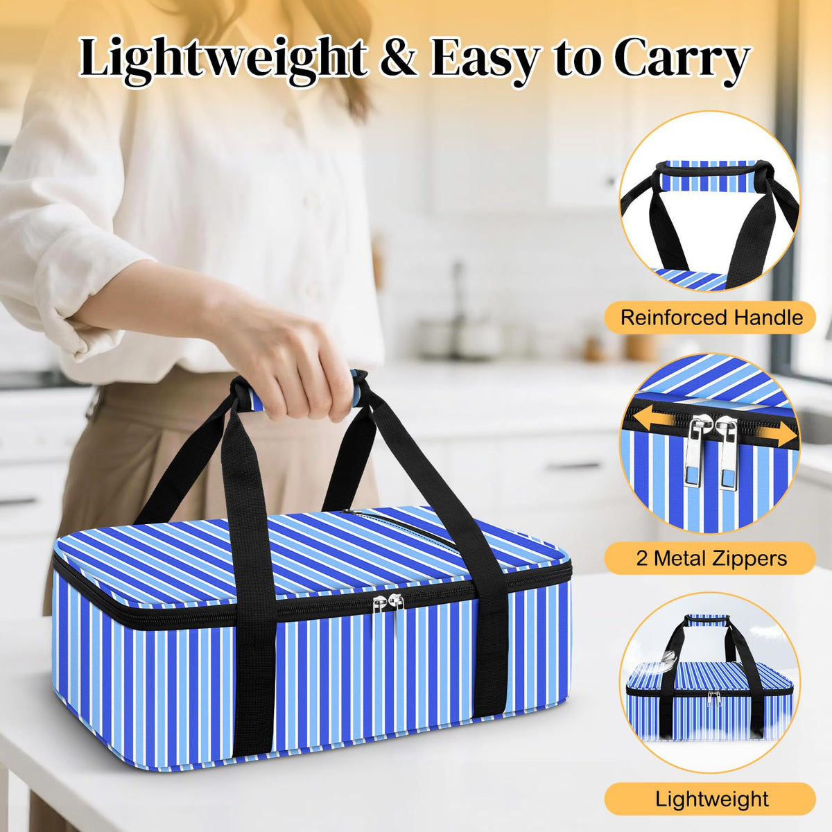 Coobiiya Insulated Casserole Carrier, Fits 9 x 13 Inch Dish, Single Layer Stripes