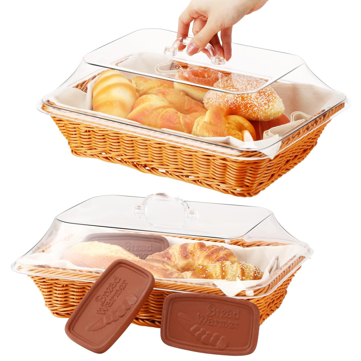 LemonRoad Bread Warmer Basket Set, Includes 2 Baskets 3 Stones and Towel, Tan