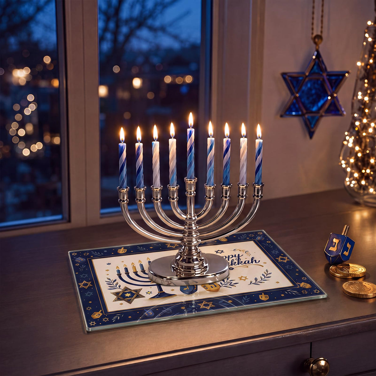 OBreezify Hanukkah Glass Drip Tray, 12 x 8 Inch, Multicolor