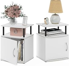 Furinno Jaya Side Table Set of 2, 2-Tier Open Shelf End Table with Door Cabinet, Soft-Edges Night Stand, Bedside Table, for Living Room, Bedroom, White