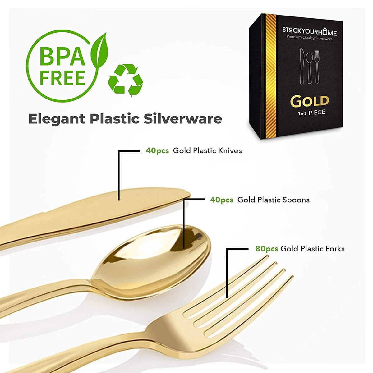 Gold Plastic Silverware Set (160 Bulk Pack) Disposable Cutlery Utensils by Stock Your Home – 160 Count, Plastic, Gold, Pack of 160, Model Stock Your Home 1008_2