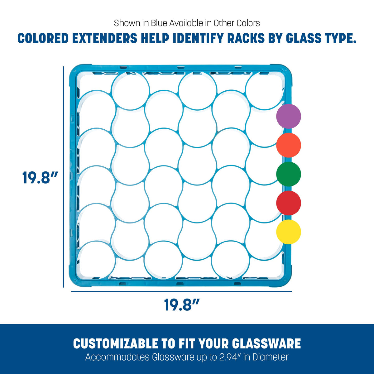 OptiClean NeWave Polypropylene 30-Compartment Short Glass Rack Extender by Carlisle FoodService Products – 30 Compartment, Polypropylene, Blue, Pack of 6, Model REW30S14