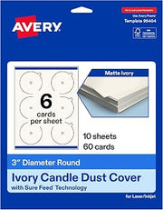 Avery Printable Round Candle Dust Covers, 3" Diameter, Matte Ivory, Sure Feed Technology, Print-To-The-Edge Capability, Laser/Inkjet Compatible, 60 Total, Ideal for Packaging, Displays, and More